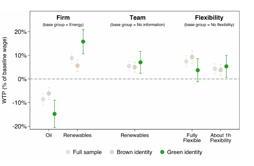 Experiment 1 willingness-to-pay results: estimated WTP as a percentage of baseline wage for firm, team, and flexibility attributes, shown for the full sample, brown-identity, and green-identity respondents with confidence intervals.