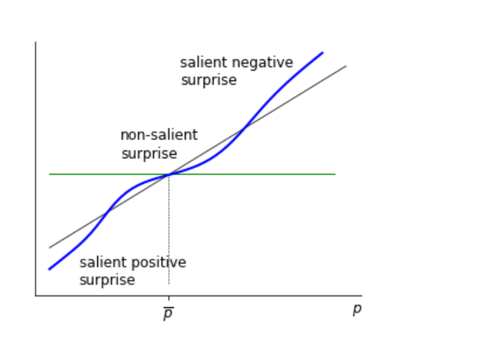 Schematic plot showing valuation as an S-shaped function of the gap between a price and its norm: small deviations from the norm are absorbed, large deviations are over-weighted.